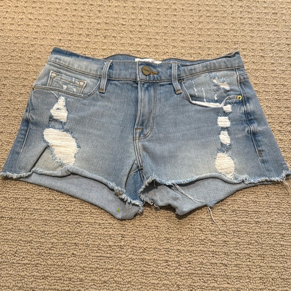 Frame Denim Blue Le Cutoff Frayed Hem light Wash Stretch Jean Short size 24